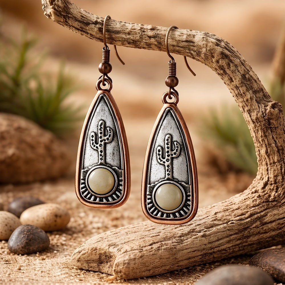 *NEW* Silver Plated White Turquoise Cactus Dangle Earrings